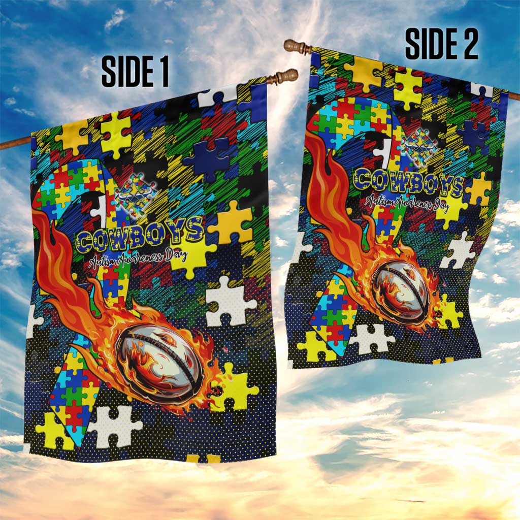 Cowboys Autism Awareness Garden Flag Puzzle Flames Rugby Ball