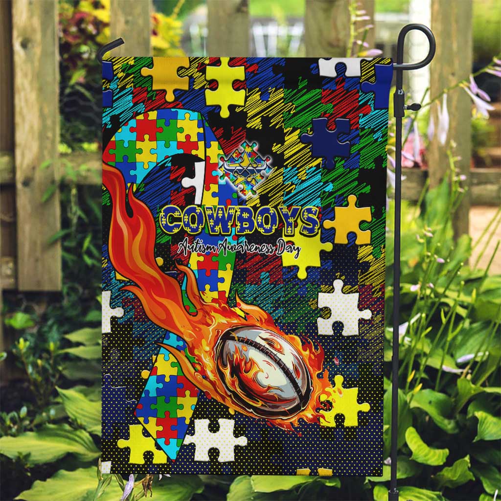 Cowboys Autism Awareness Garden Flag Puzzle Flames Rugby Ball
