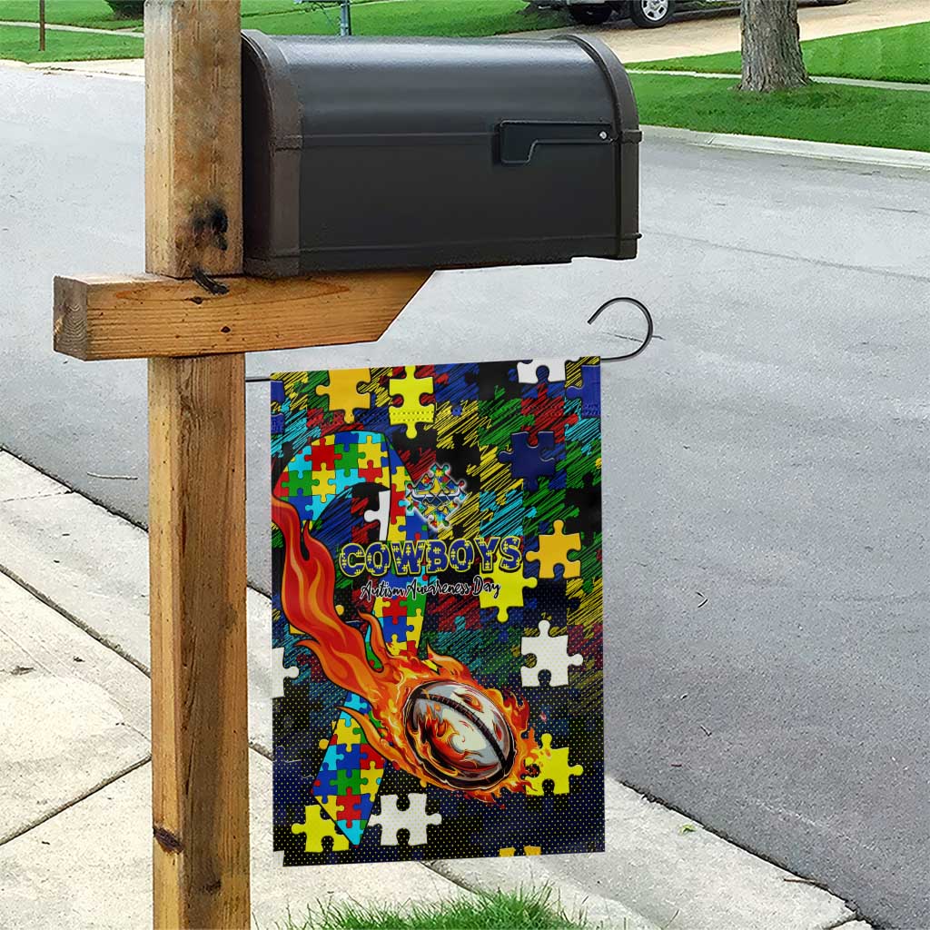 Cowboys Autism Awareness Garden Flag Puzzle Flames Rugby Ball