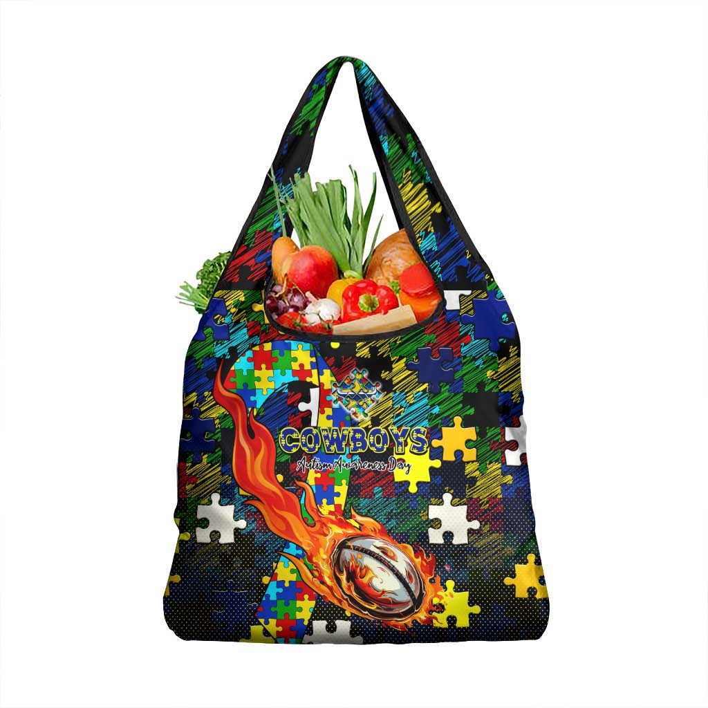 Cowboys Autism Awareness Grocery Bag Puzzle Flames Rugby Ball