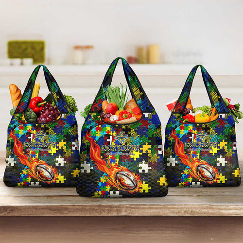 Cowboys Autism Awareness Grocery Bag Puzzle Flames Rugby Ball