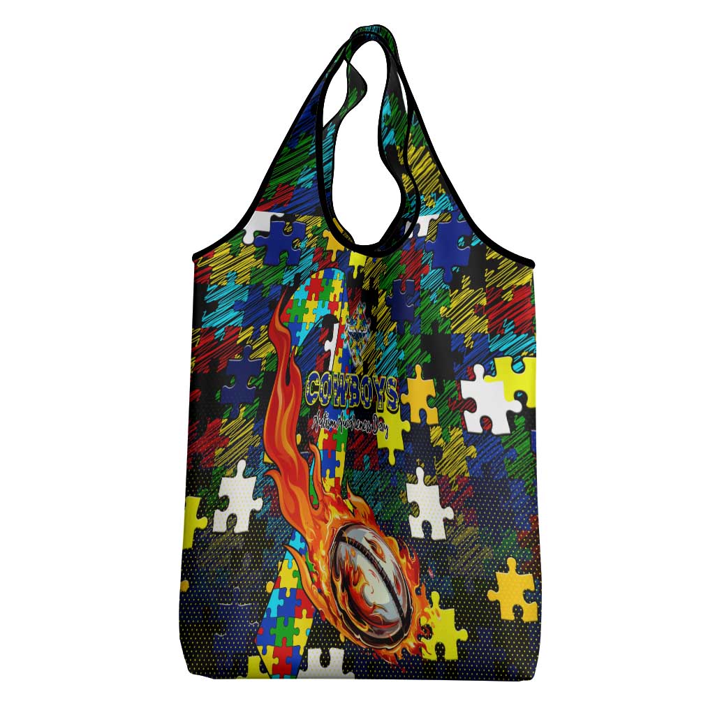 Cowboys Autism Awareness Grocery Bag Puzzle Flames Rugby Ball