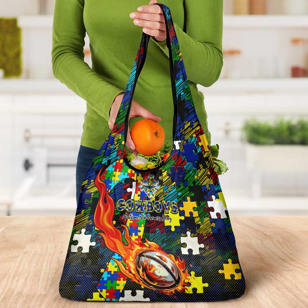 Cowboys Autism Awareness Grocery Bag Puzzle Flames Rugby Ball