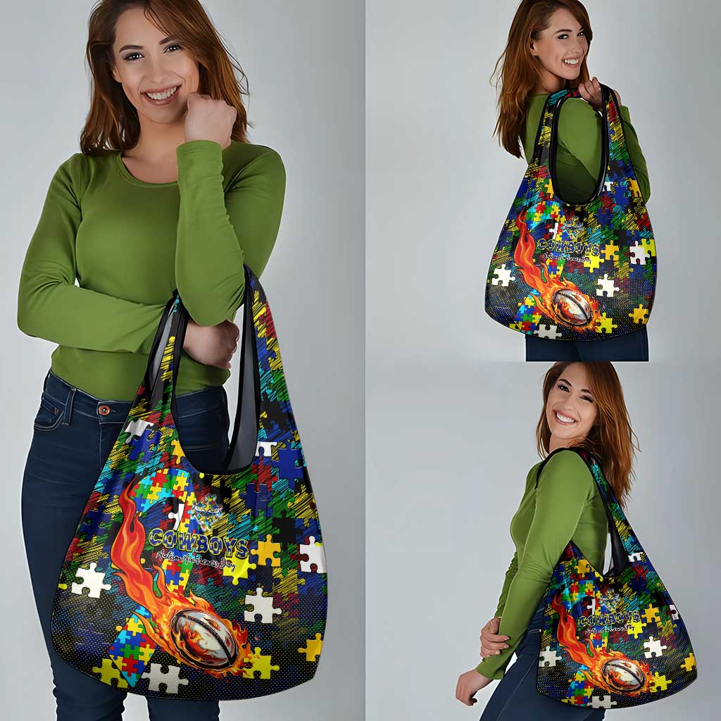 Cowboys Autism Awareness Grocery Bag Puzzle Flames Rugby Ball