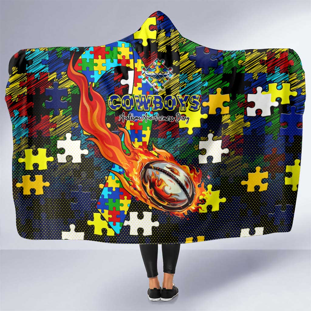 Cowboys Autism Awareness Hooded Blanket Puzzle Flames Rugby Ball