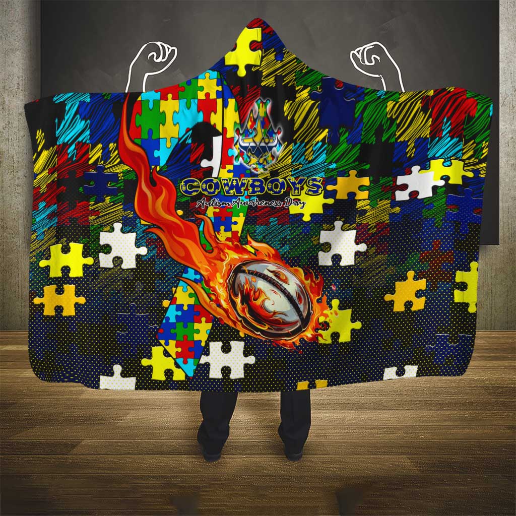 Cowboys Autism Awareness Hooded Blanket Puzzle Flames Rugby Ball