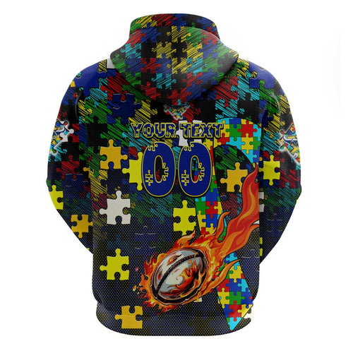 Cowboys Autism Awareness Hoodie Puzzle Flames Rugby Ball