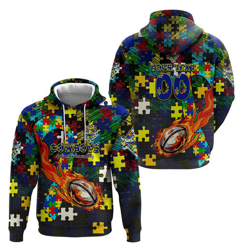 Cowboys Autism Awareness Hoodie Puzzle Flames Rugby Ball
