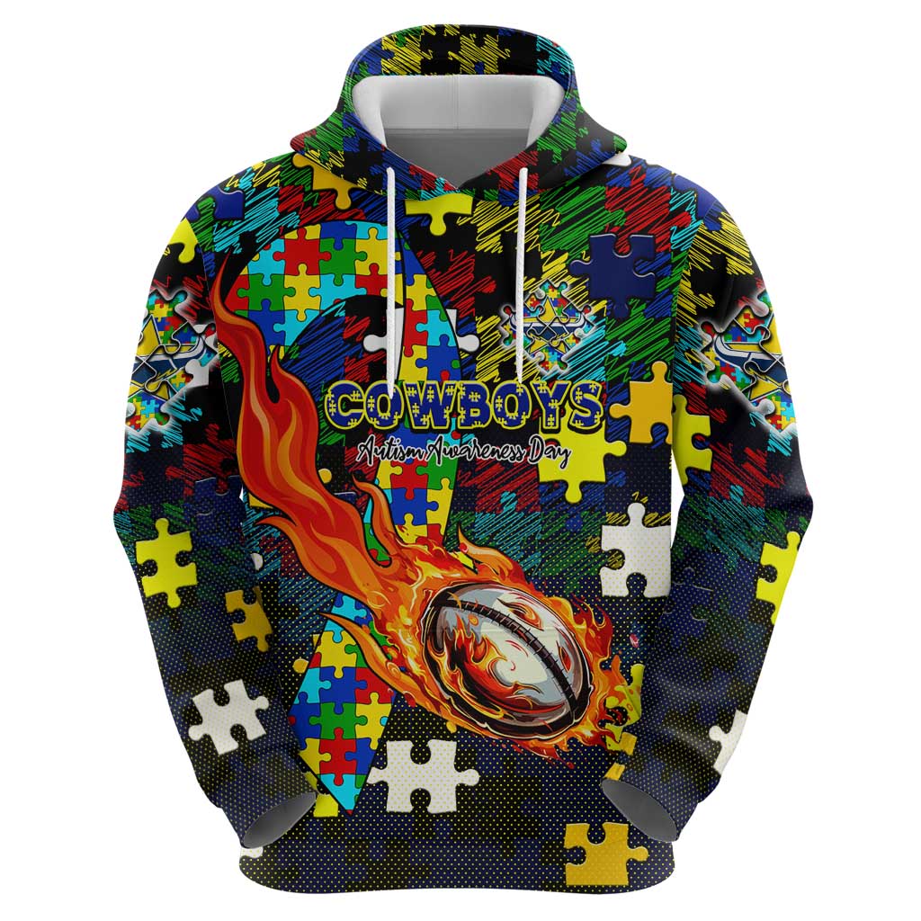 Cowboys Autism Awareness Hoodie Puzzle Flames Rugby Ball