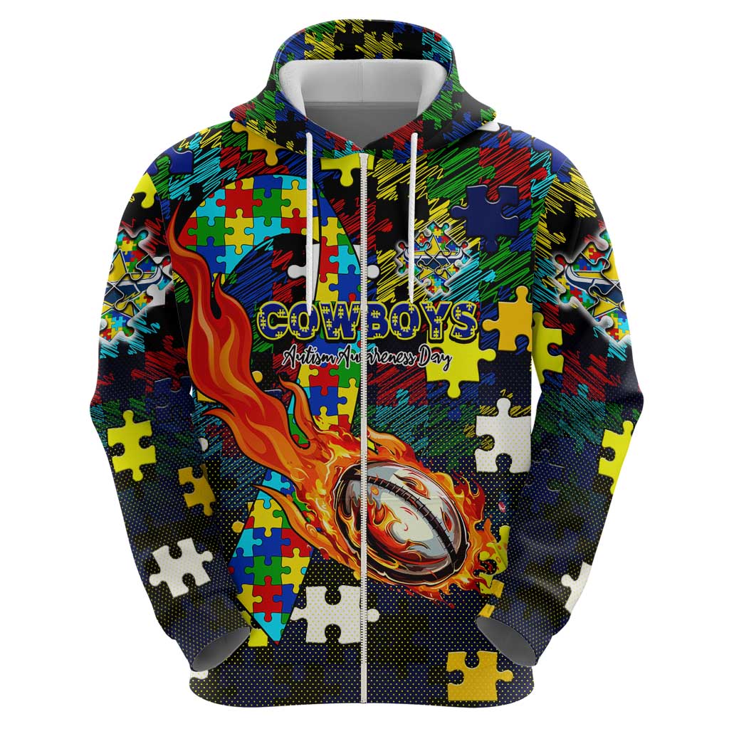 Cowboys Autism Awareness Hoodie Puzzle Flames Rugby Ball