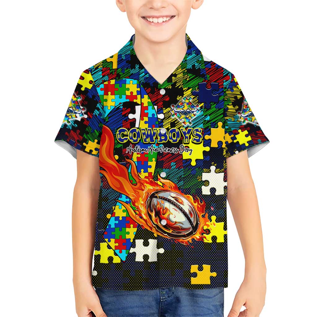 Cowboys Autism Awareness Kid Hawaiian Shirt Puzzle Flames Rugby Ball