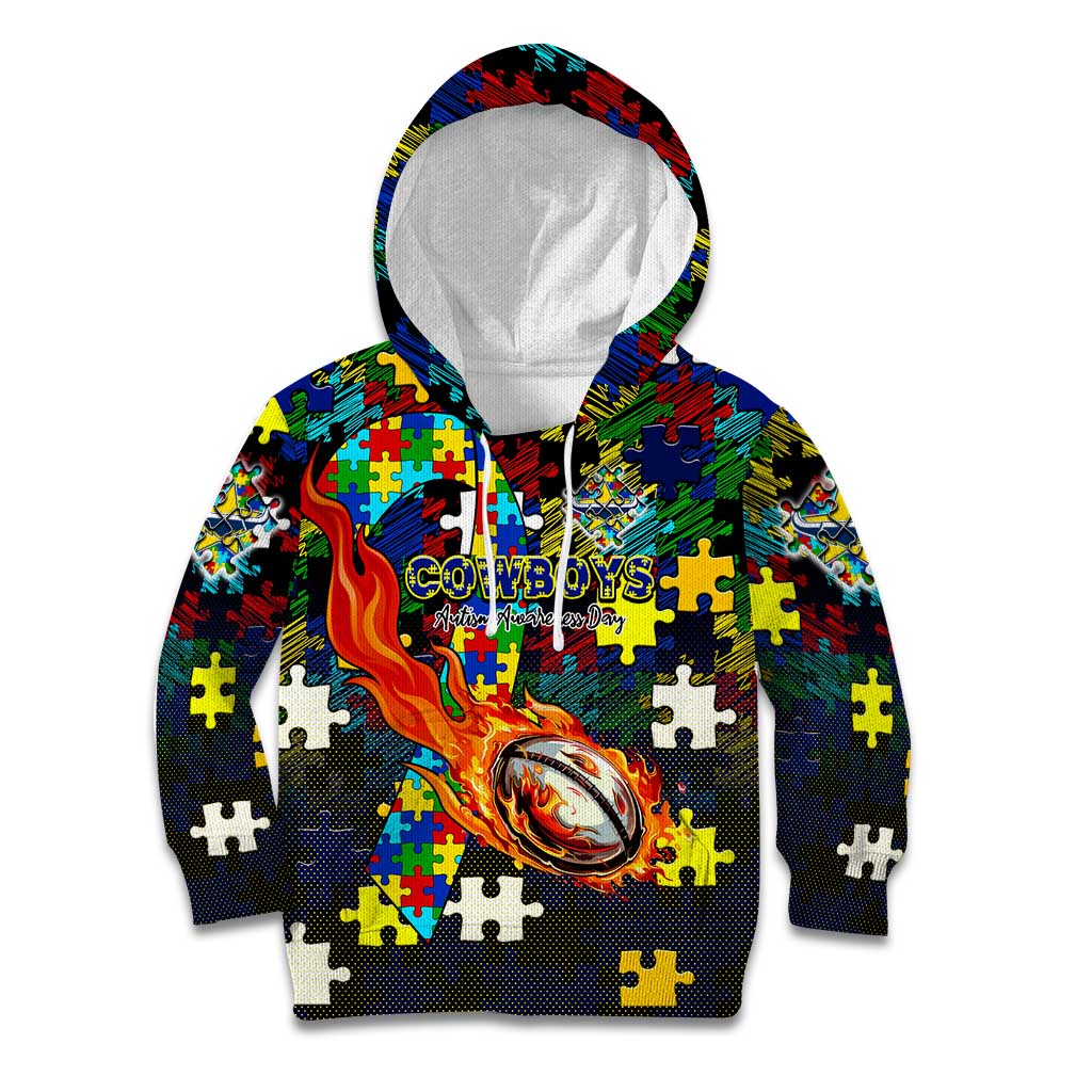 Cowboys Autism Awareness Kid Hoodie Puzzle Flames Rugby Ball