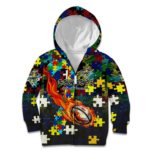 Cowboys Autism Awareness Kid Hoodie Puzzle Flames Rugby Ball