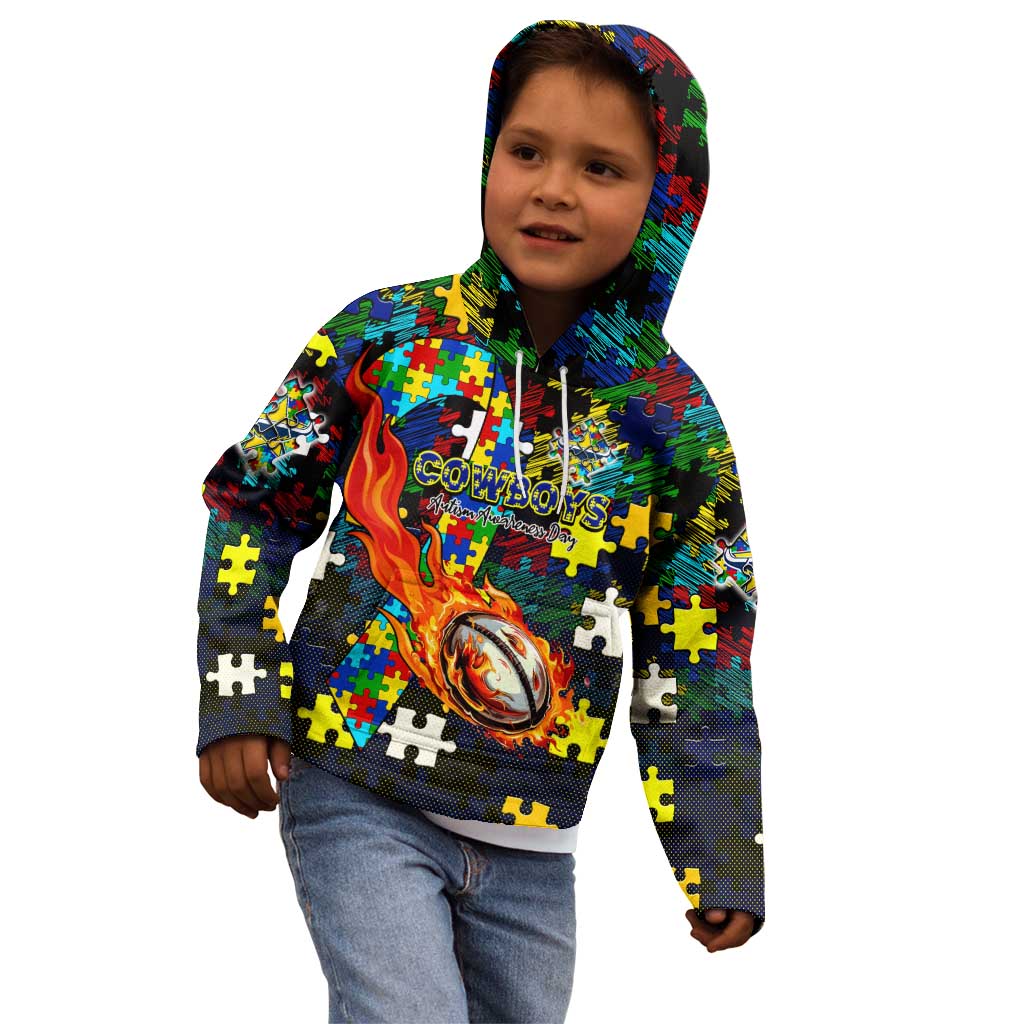 Cowboys Autism Awareness Kid Hoodie Puzzle Flames Rugby Ball