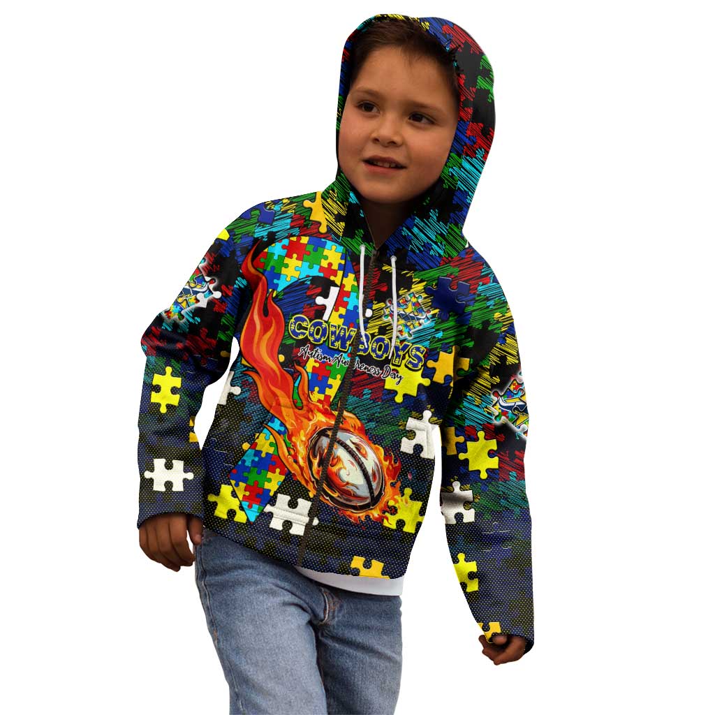 Cowboys Autism Awareness Kid Hoodie Puzzle Flames Rugby Ball