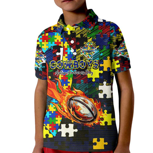 Cowboys Autism Awareness Kid Polo Shirt Puzzle Flames Rugby Ball