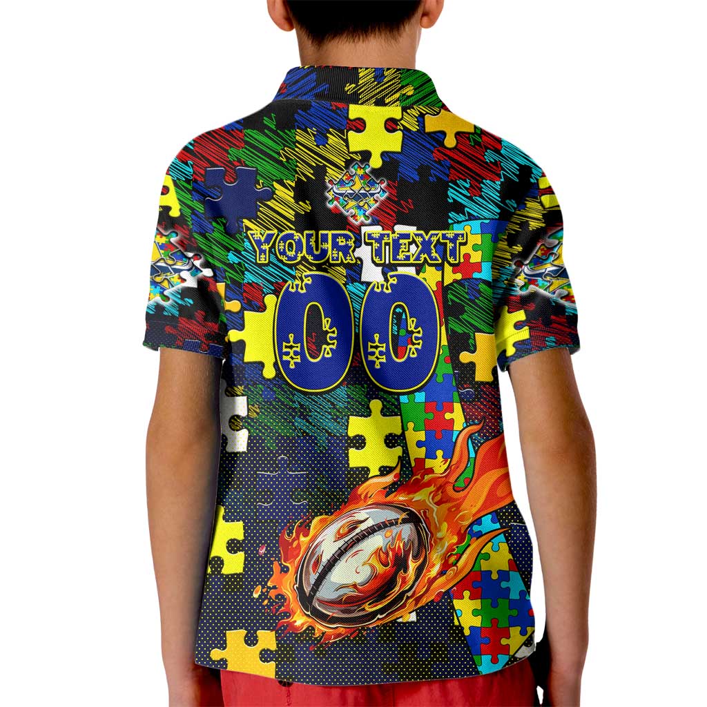 Cowboys Autism Awareness Kid Polo Shirt Puzzle Flames Rugby Ball