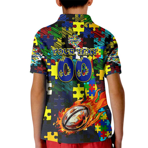 Cowboys Autism Awareness Kid Polo Shirt Puzzle Flames Rugby Ball