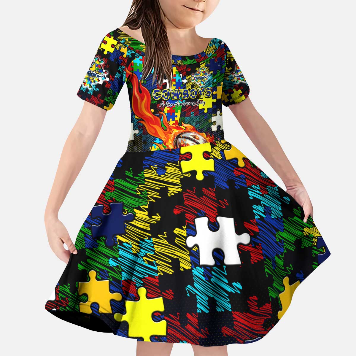 Cowboys Autism Awareness Kid Short Sleeve Dress Puzzle Flames Rugby Ball