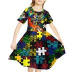 Cowboys Autism Awareness Kid Short Sleeve Dress Puzzle Flames Rugby Ball