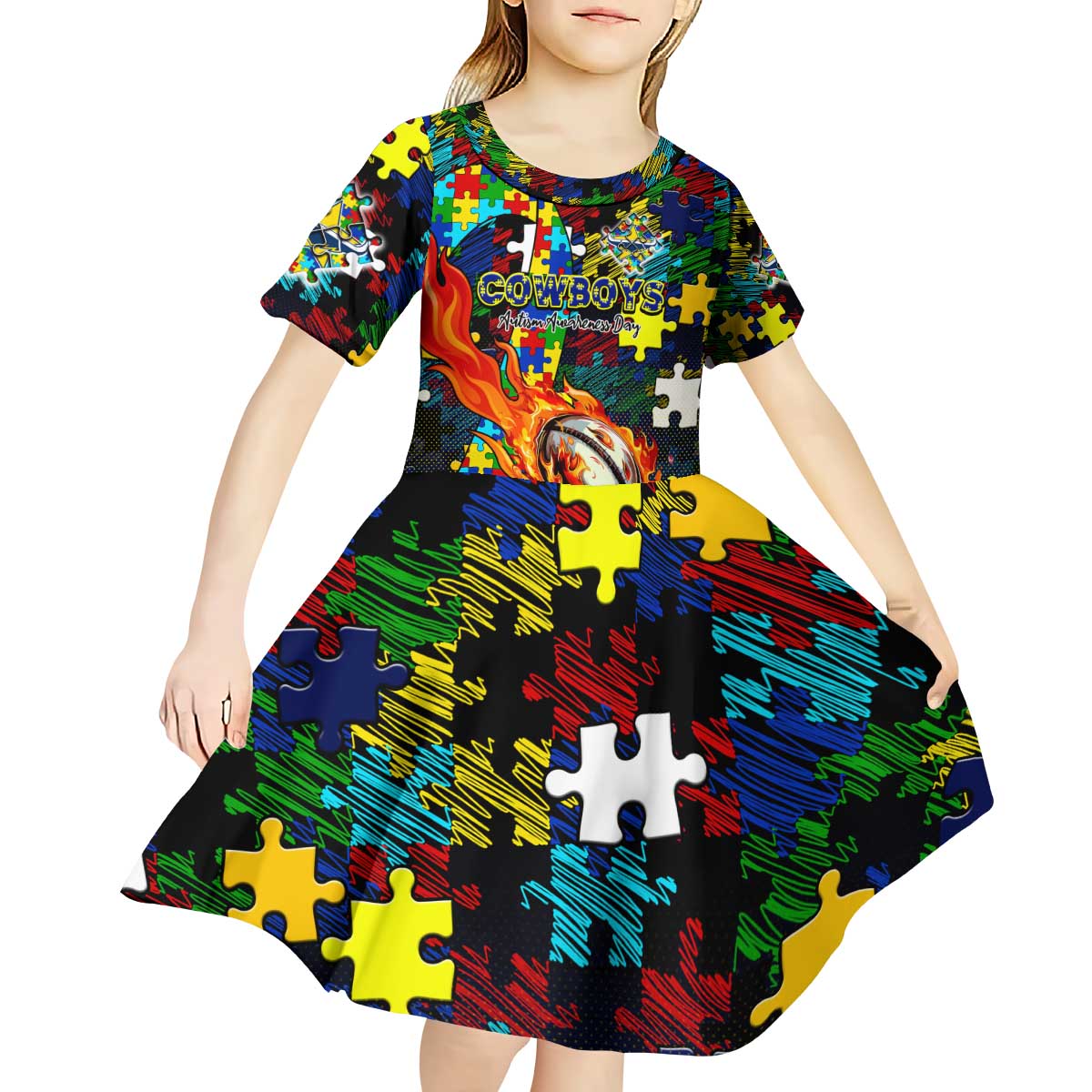 Cowboys Autism Awareness Kid Short Sleeve Dress Puzzle Flames Rugby Ball