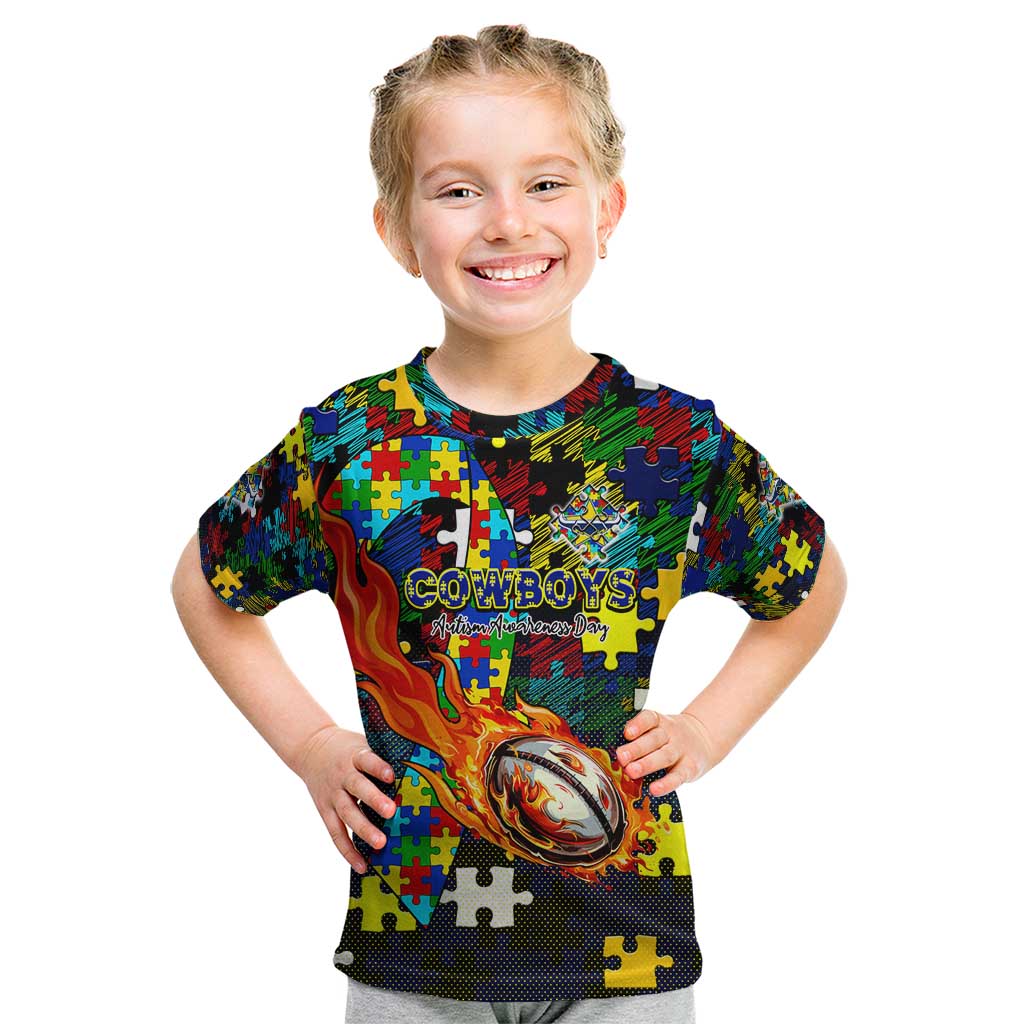 Cowboys Autism Awareness Kid T Shirt Puzzle Flames Rugby Ball