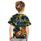 Cowboys Autism Awareness Kid T Shirt Puzzle Flames Rugby Ball