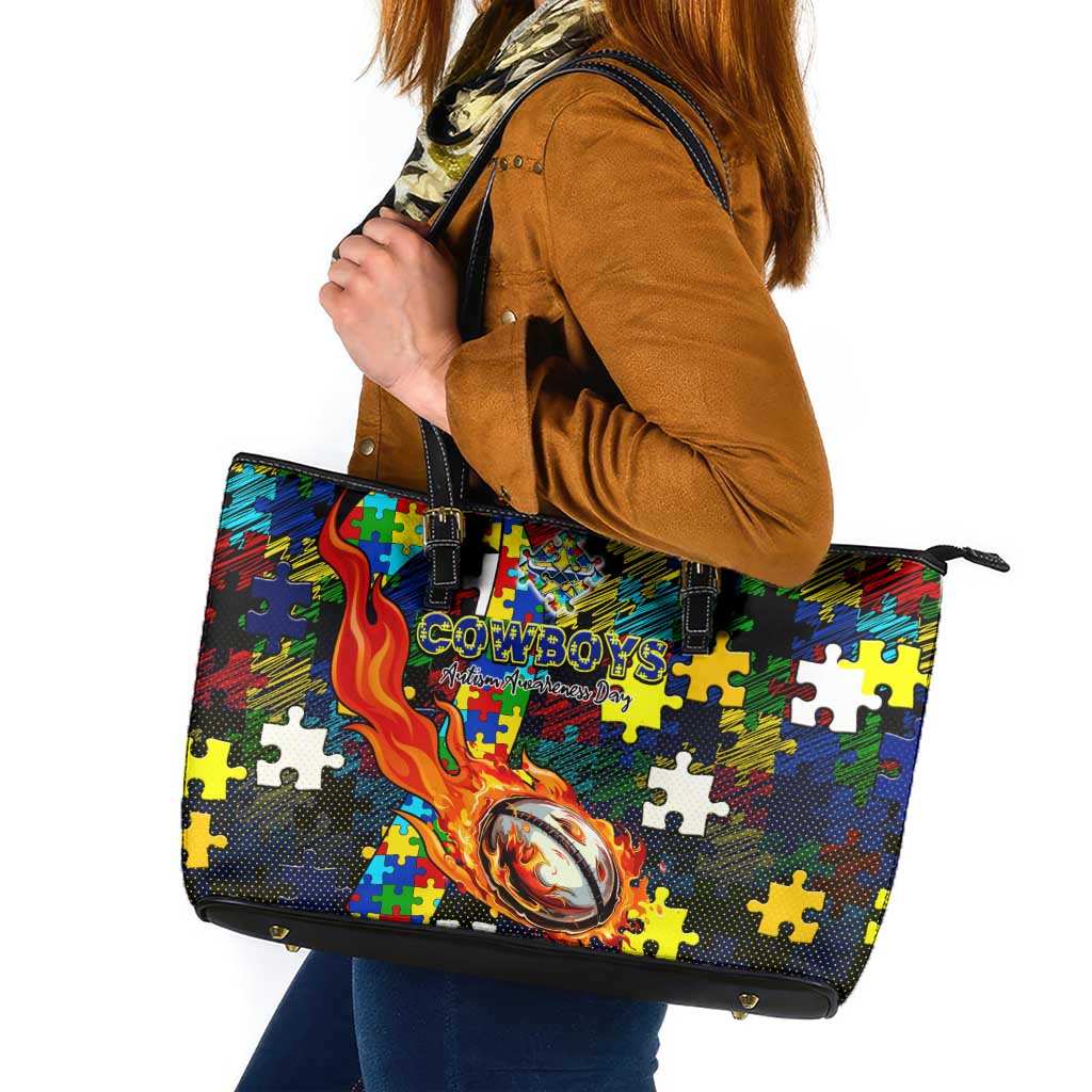 Cowboys Autism Awareness Leather Tote Bag Puzzle Flames Rugby Ball