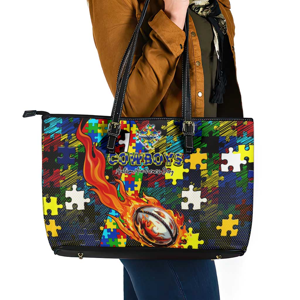 Cowboys Autism Awareness Leather Tote Bag Puzzle Flames Rugby Ball