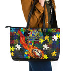 Cowboys Autism Awareness Leather Tote Bag Puzzle Flames Rugby Ball
