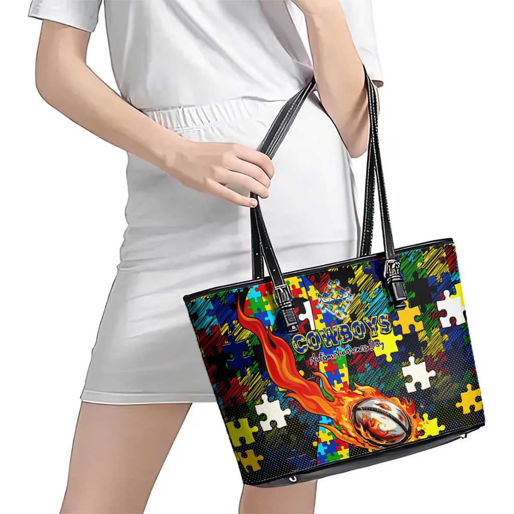 Cowboys Autism Awareness Leather Tote Bag Puzzle Flames Rugby Ball