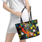 Cowboys Autism Awareness Leather Tote Bag Puzzle Flames Rugby Ball