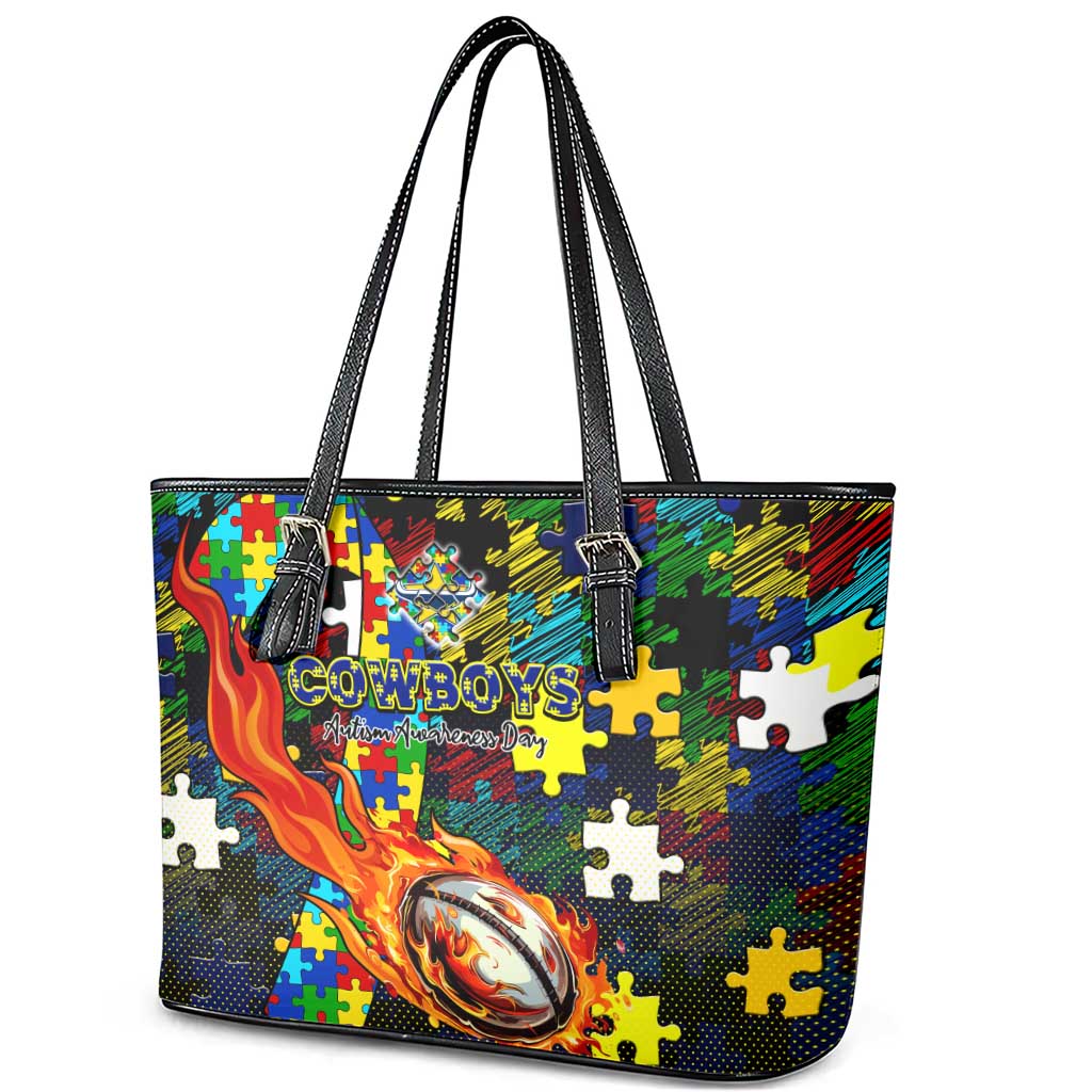 Cowboys Autism Awareness Leather Tote Bag Puzzle Flames Rugby Ball