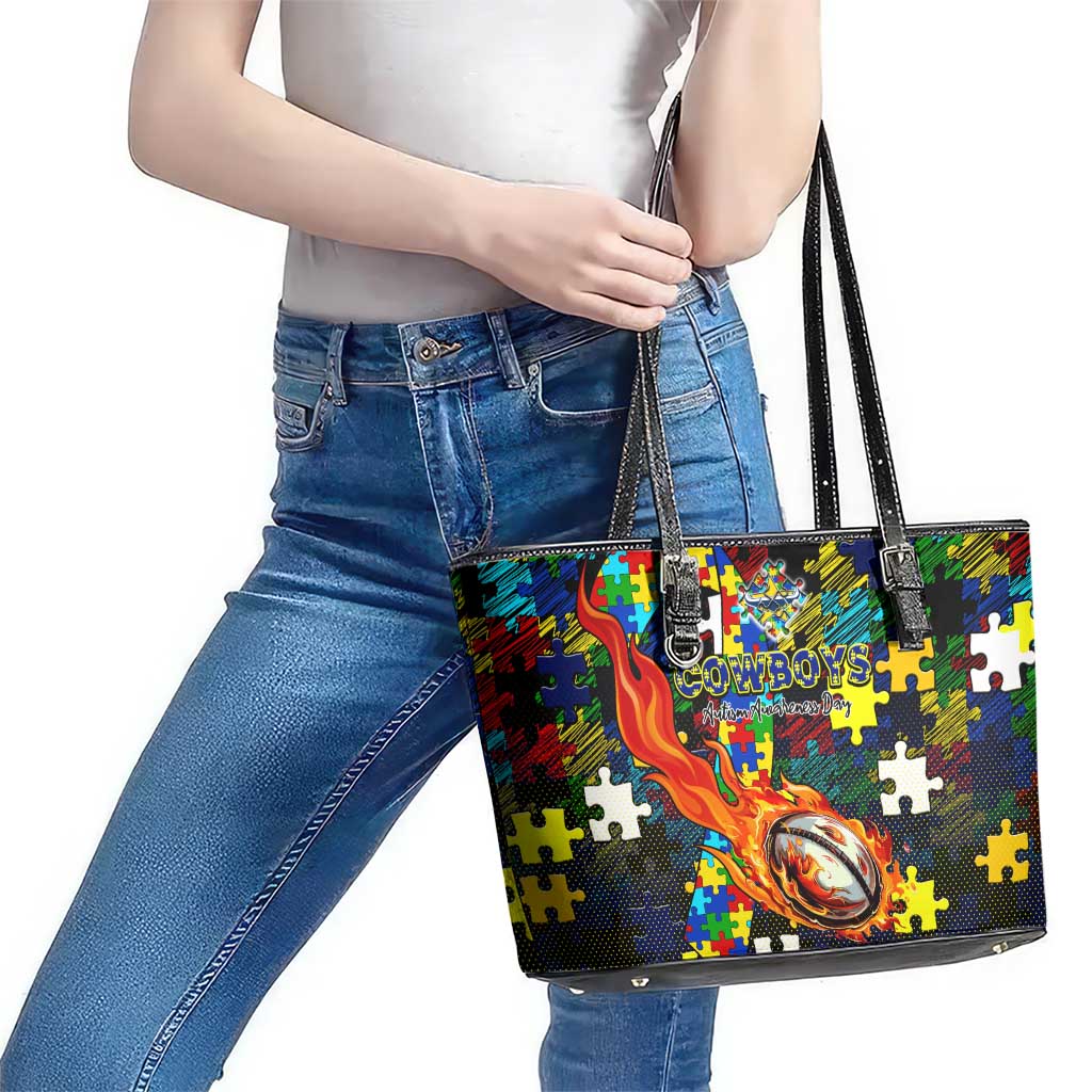 Cowboys Autism Awareness Leather Tote Bag Puzzle Flames Rugby Ball