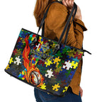 Cowboys Autism Awareness Leather Tote Bag Puzzle Flames Rugby Ball