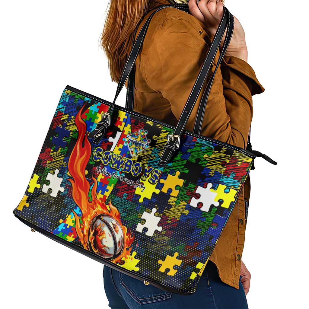 Cowboys Autism Awareness Leather Tote Bag Puzzle Flames Rugby Ball