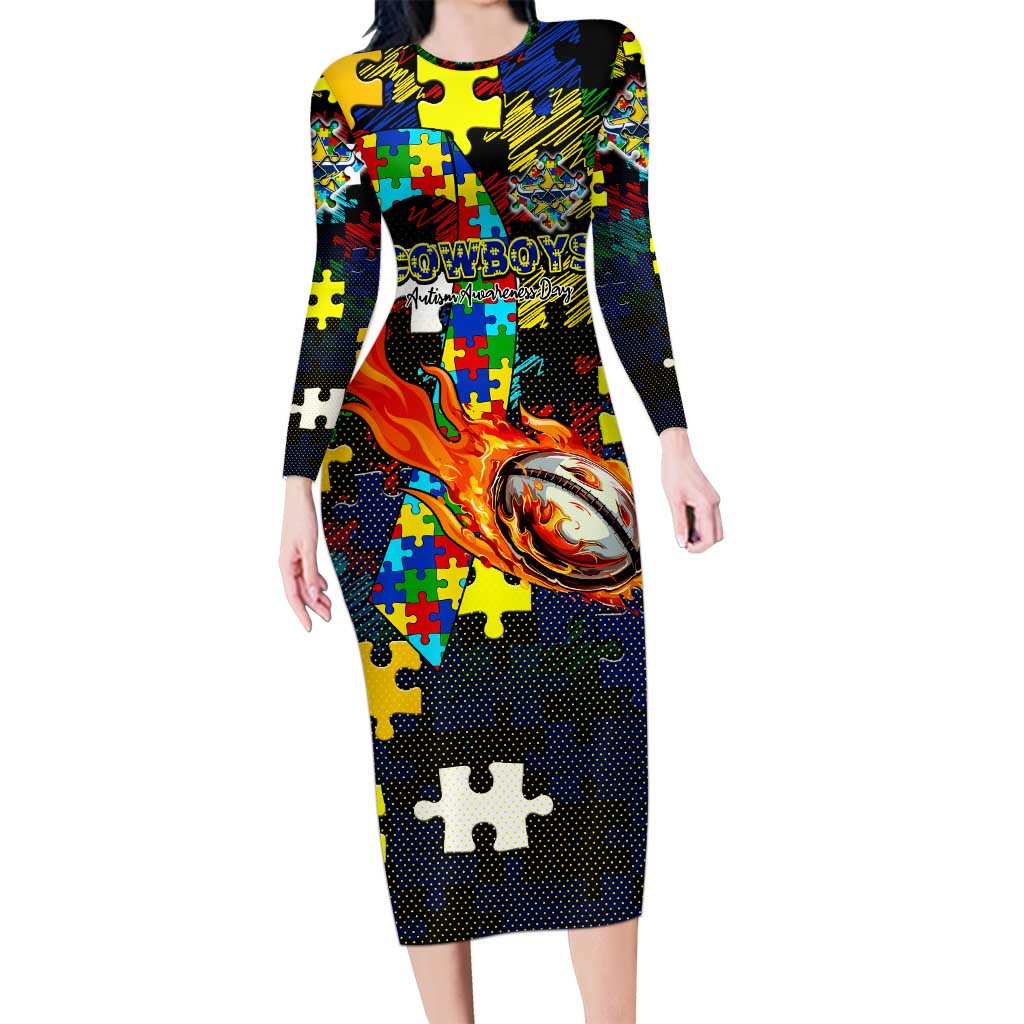 Cowboys Autism Awareness Long Sleeve Bodycon Dress Puzzle Flames Rugby Ball