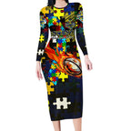 Cowboys Autism Awareness Long Sleeve Bodycon Dress Puzzle Flames Rugby Ball