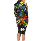 Cowboys Autism Awareness Long Sleeve Bodycon Dress Puzzle Flames Rugby Ball