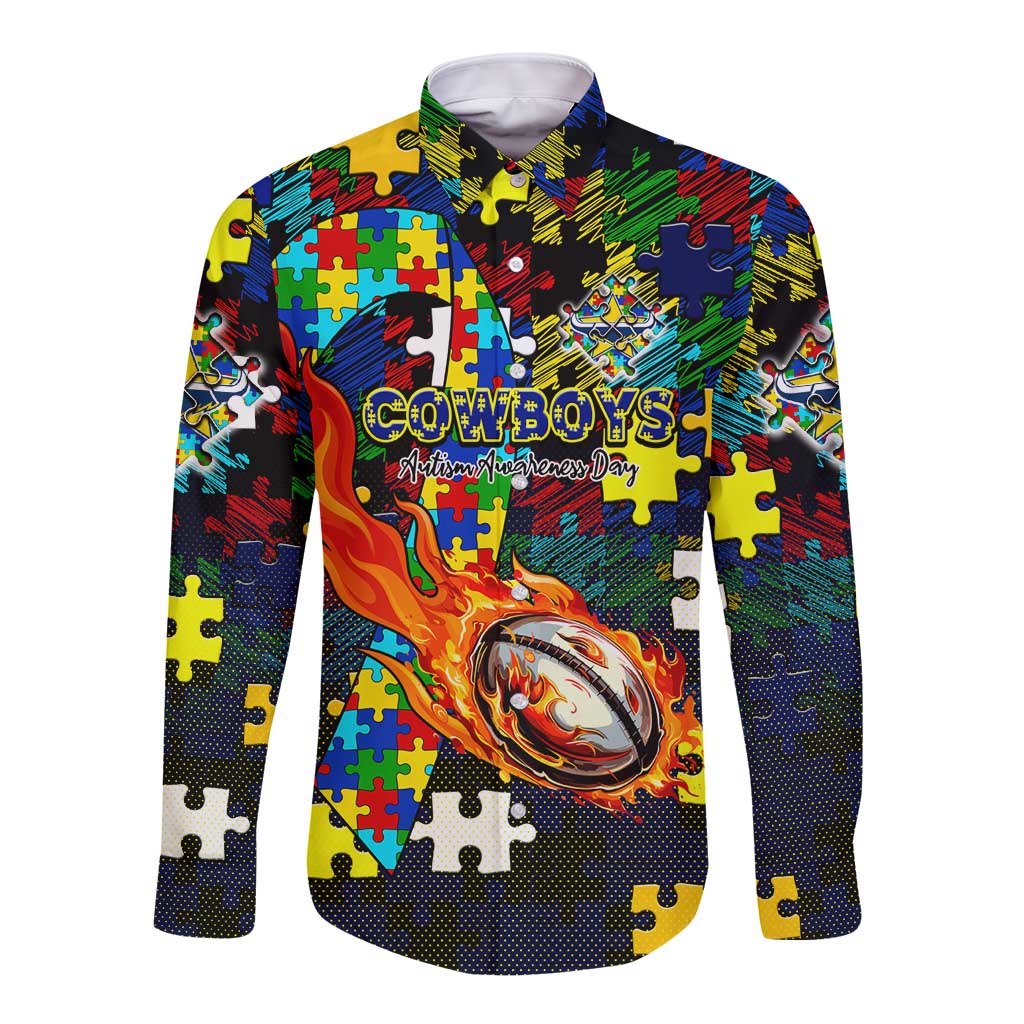 Cowboys Autism Awareness Long Sleeve Button Shirt Puzzle Flames Rugby Ball