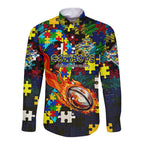 Cowboys Autism Awareness Long Sleeve Button Shirt Puzzle Flames Rugby Ball