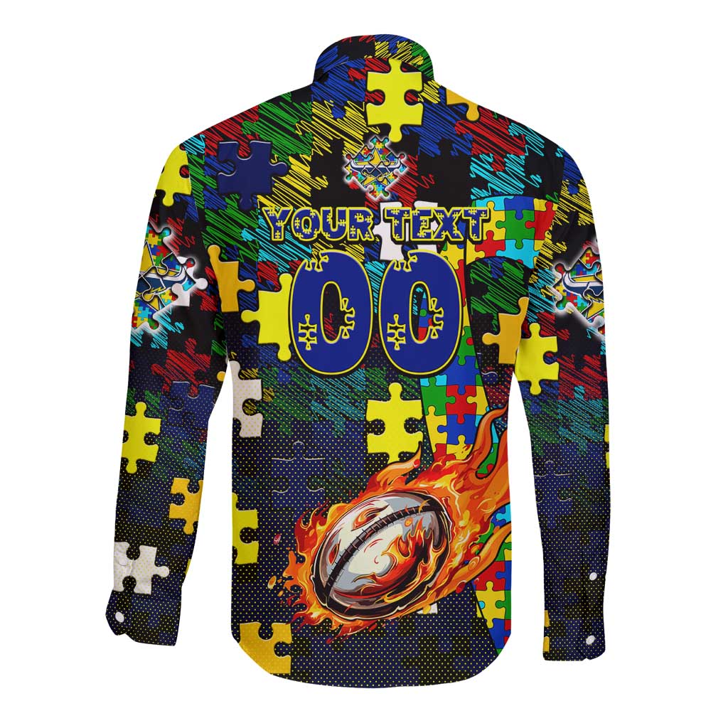 Cowboys Autism Awareness Long Sleeve Button Shirt Puzzle Flames Rugby Ball