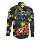 Cowboys Autism Awareness Long Sleeve Button Shirt Puzzle Flames Rugby Ball