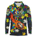Cowboys Autism Awareness Long Sleeve Polo Shirt Puzzle Flames Rugby Ball