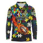 Cowboys Autism Awareness Long Sleeve Polo Shirt Puzzle Flames Rugby Ball