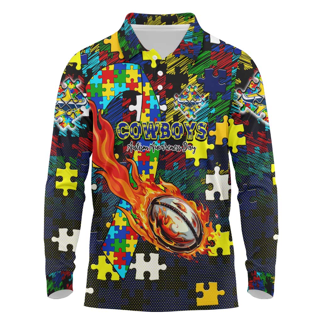 Cowboys Autism Awareness Long Sleeve Polo Shirt Puzzle Flames Rugby Ball