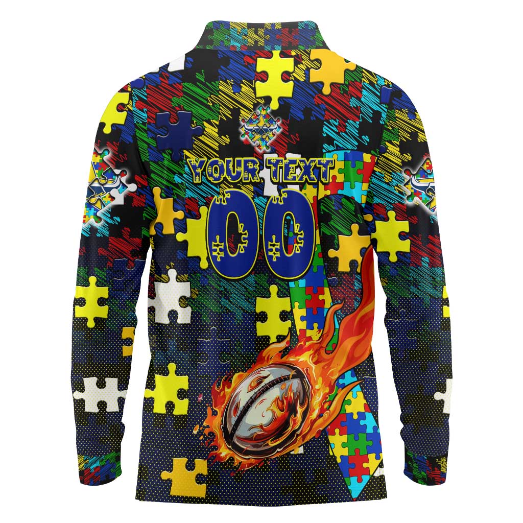 Cowboys Autism Awareness Long Sleeve Polo Shirt Puzzle Flames Rugby Ball