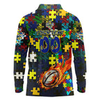 Cowboys Autism Awareness Long Sleeve Polo Shirt Puzzle Flames Rugby Ball