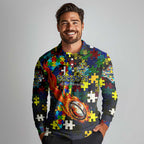 Cowboys Autism Awareness Long Sleeve Polo Shirt Puzzle Flames Rugby Ball