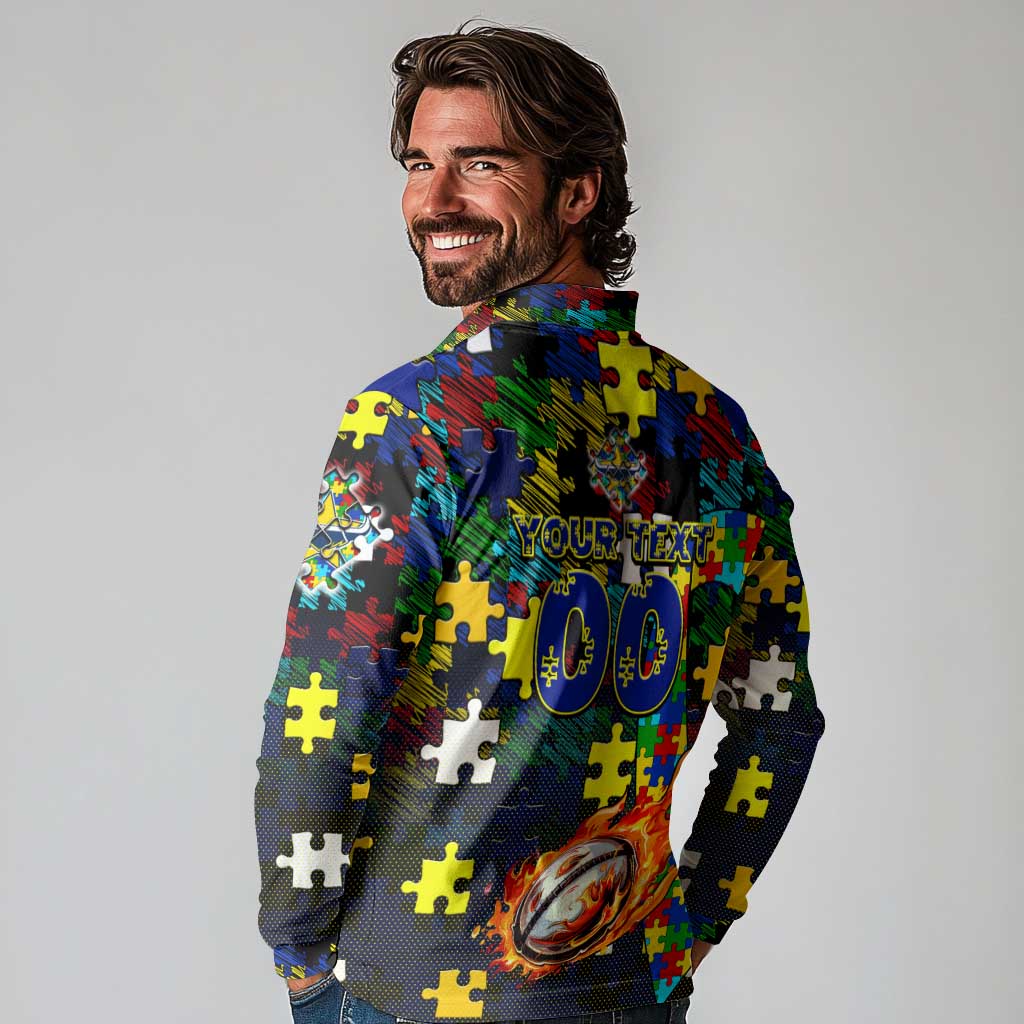 Cowboys Autism Awareness Long Sleeve Polo Shirt Puzzle Flames Rugby Ball